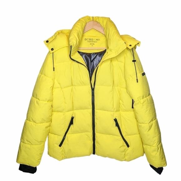 BCBGMaxAzria lemon yellow puffy coat hooded winter insulated size L - Picture 1 of 7